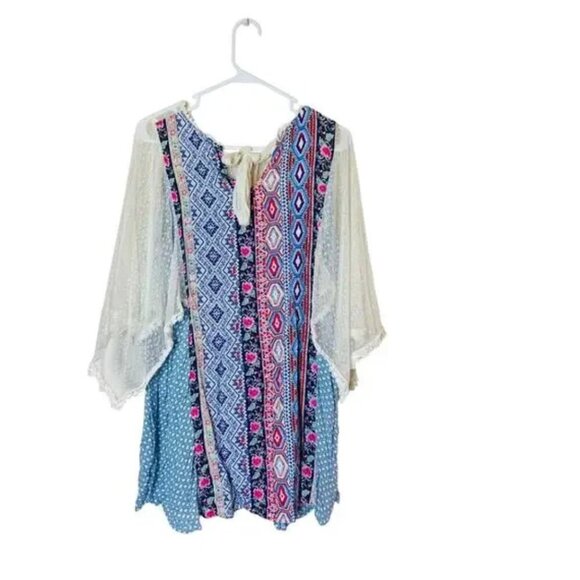 Umgee Tunic Blouse M Boho 3/4 Open Split Sleeve Lace Bow Tie Back Multicolor - Picture 4 of 5